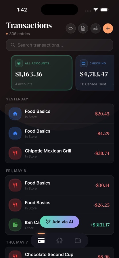 Saveo transactions list with balances across four connected accounts